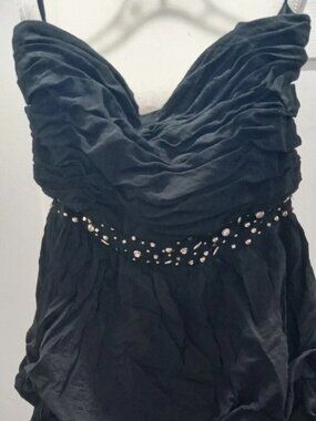 Vintage Women Sleeveless Black Dress Rhinestones Size Medium Ruffled